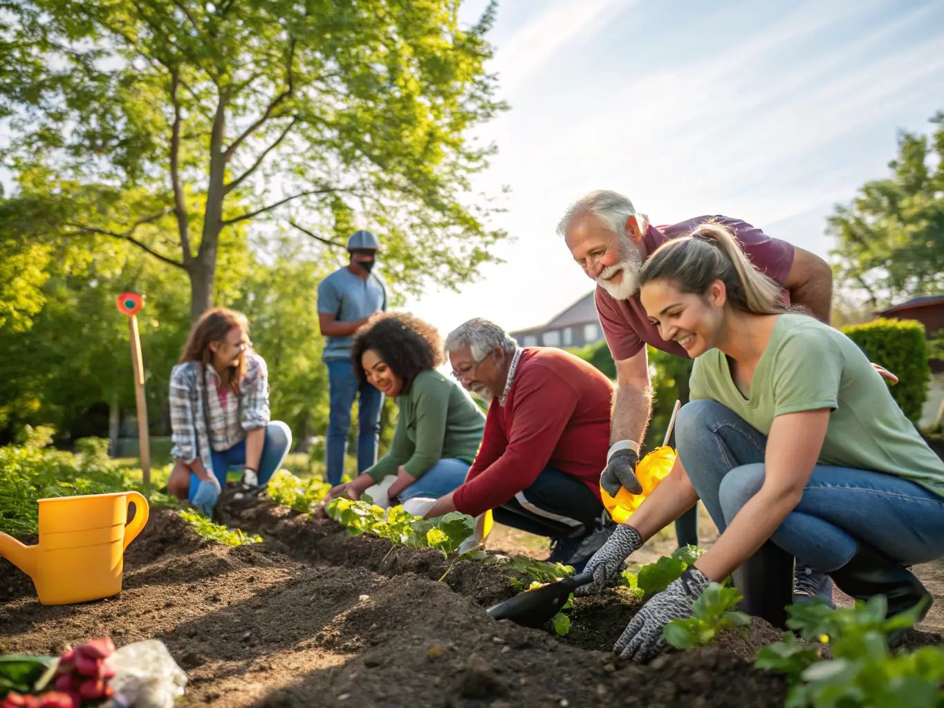 A photo of volunteers working together on a community project, emphasizing teamwork and the positive impact of volunteering.