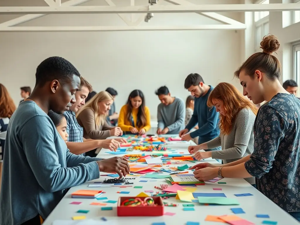 A vibrant image depicting a group of people actively participating in a community workshop, showcasing hands-on learning and collaboration.
