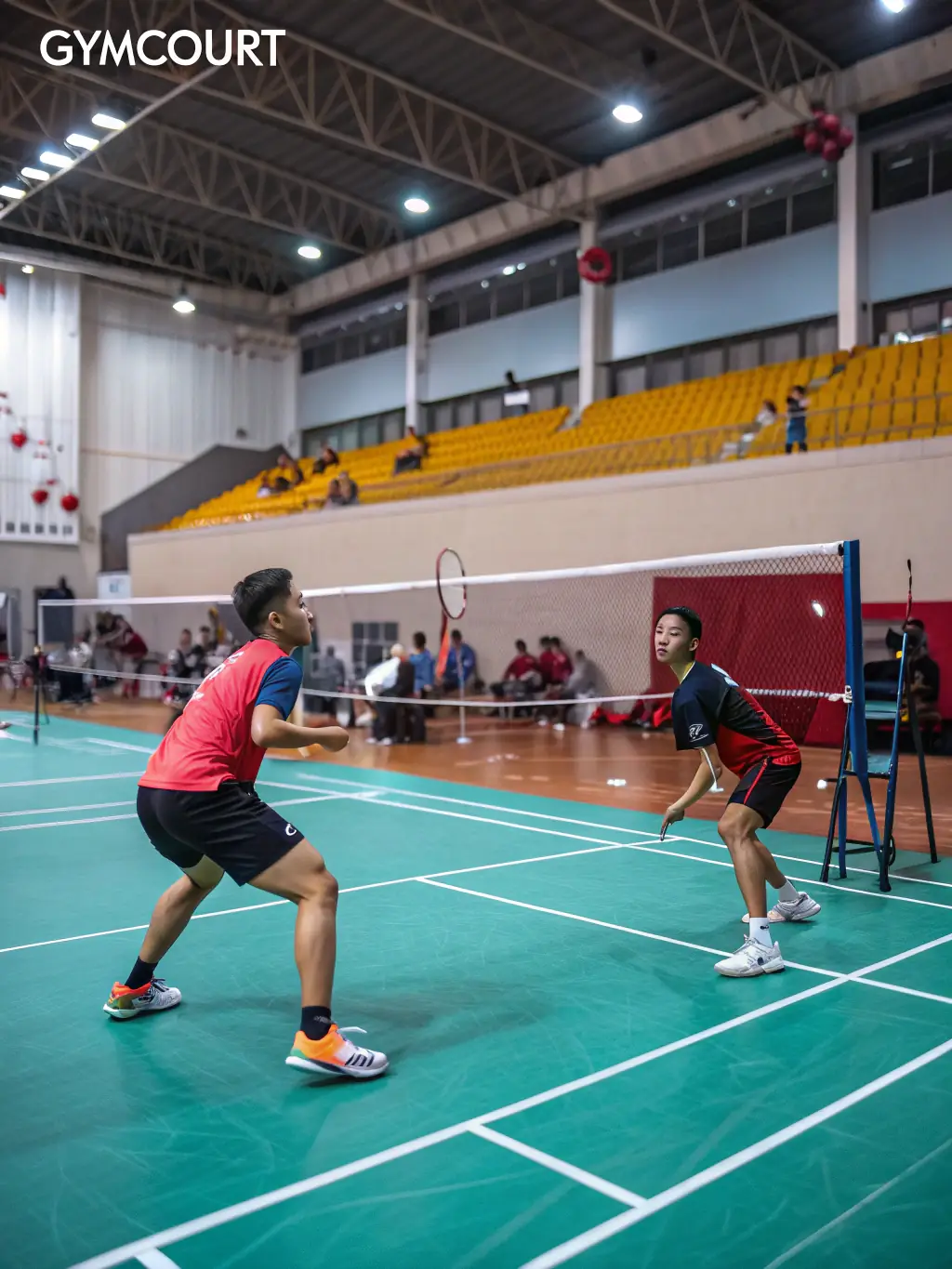 A dynamic badminton training session with diverse participants, showcasing agility and teamwork, set against a vibrant indoor court backdrop, emphasizing the inclusive nature of 3 RAQUETTES' programs.
