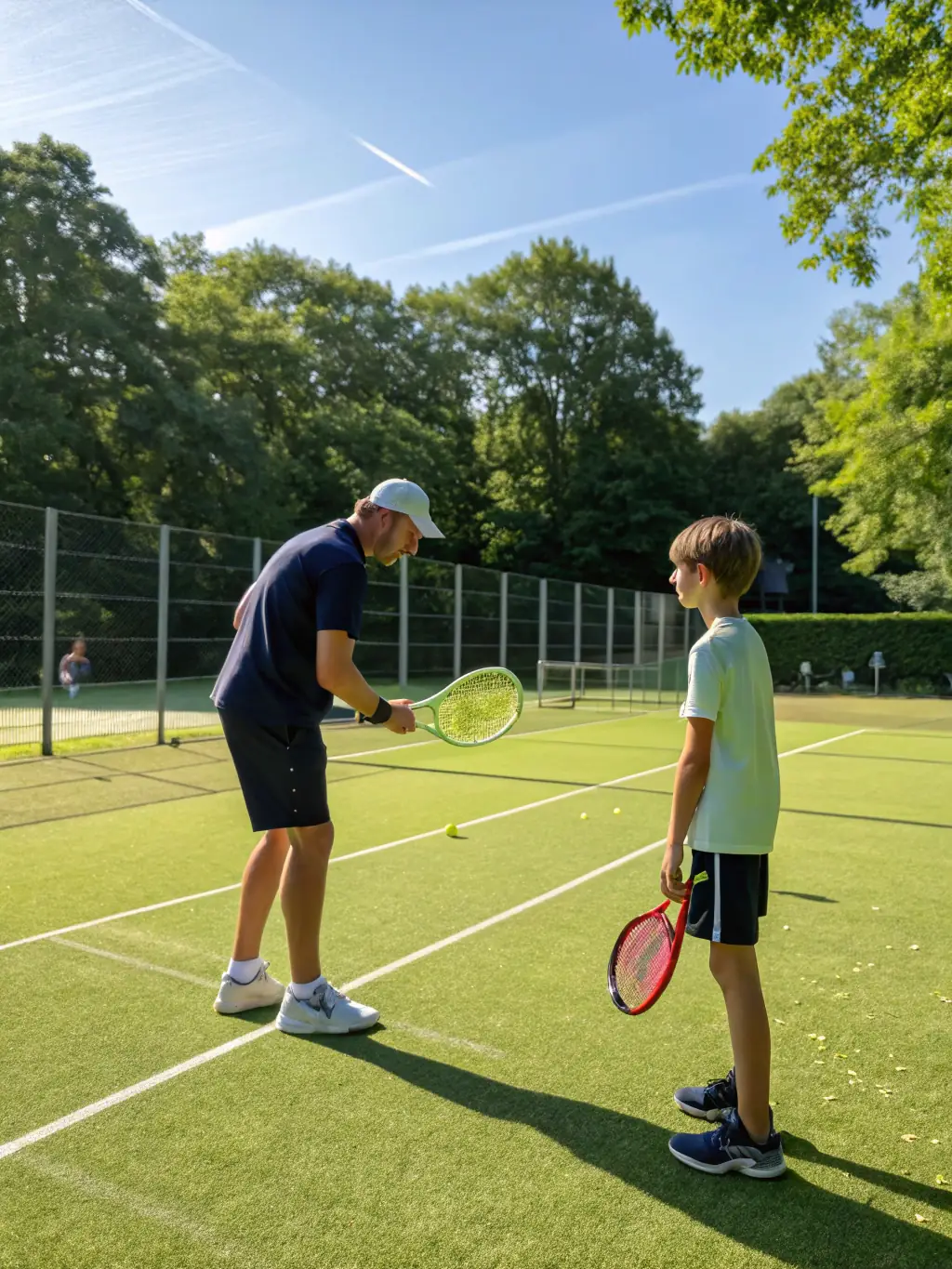 A focused tennis coaching session on a well-maintained court, featuring personalized instruction and skill refinement, reflecting 3 RAQUETTES' commitment to individual player development.